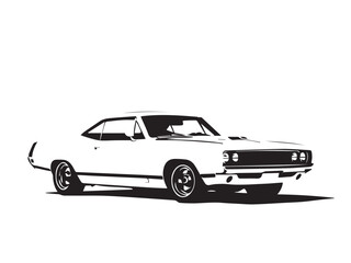 Vintage classic muscle car silhouette. Vintage car silhouette isolated on white background.	