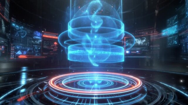 A cinematic vision of futuristic holographic technology glows with cyberpunk energy, featuring interactive 3D graphics and advanced interfaces reminiscent of Minority Report&rsquo;s immersive digital future