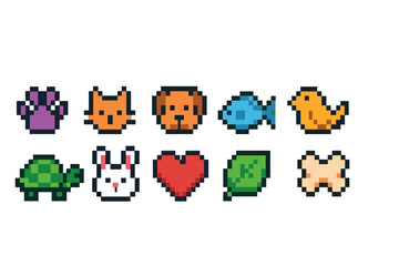 Cute animals pixel icon set. Adorable, 8-bit style icons collection for digital art