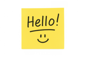 Yellow sticky note with handwritten hello! message and a smiling face, welcoming concept, transparent background