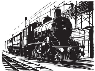 Vintage steam train silhouette on white background. Vintage steam locomotive train illustration. 