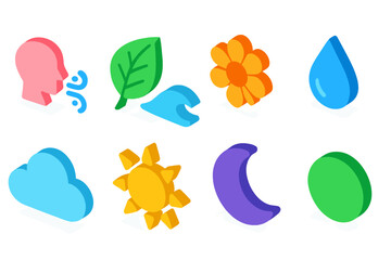 Weather and nature 3d icon set: sun, moon, cloud, water, leaf, flower, raindrop