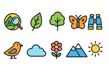 Fototapeta premium Outdoor and nature flat icon set. Explore hiking, wildlife, and adventure collection