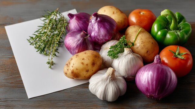 Variety of vegetables including potatoes, onions, and tomatoes are displayed on a wooden table. The vegetables are arranged in a way that they are all visible and easily accessible