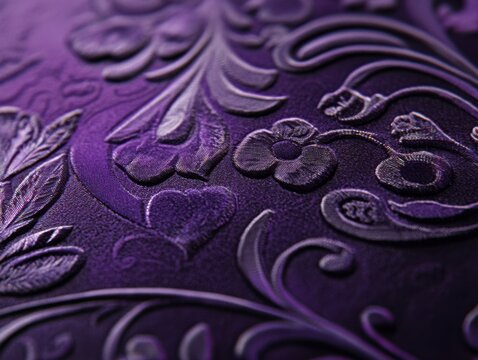 A deep purple fabric shows a raised floral pattern that flows across its surface.
