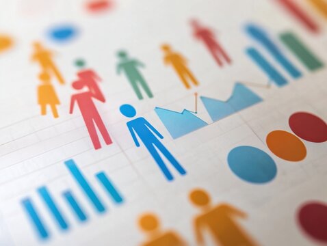 Colorful human figures and data charts represent population growth and trends.