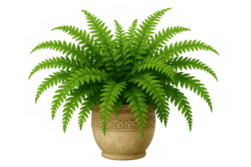 Potted fern plant with lush green fronds in decorative ceramic pot on transparent background