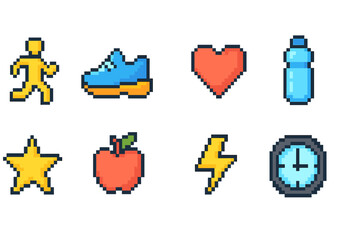 Fototapeta premium Pixel art fitness icon set. Workout, health and exercise pixel collection