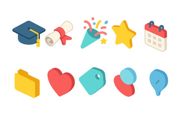 Education and celebration icon set in 3d style. Graduation, festivity, calendar icons