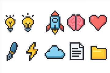 Obraz premium Pixel art icon set: technology, creativity, and motivation in pixel style