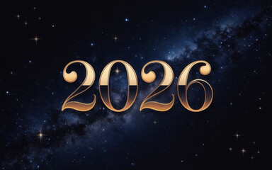 Elegant 2026 new year design golden numbers with starry space background perfect for greeting cards and festive promotions