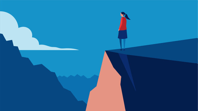 A person standing at the edge of a cliff facing their fears and reciting affirmations to build their courage and confidence.. Vector illustration