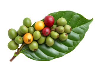 Vibrant Coffee Cherries on Leaf isolated on a transparent background