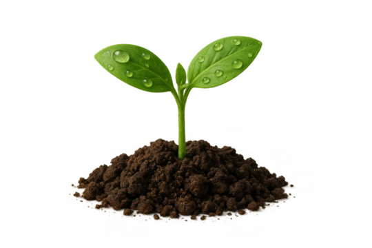 New plant sprout growing from soil with water drops on leaves representing growth, life, and ecology on transparent background