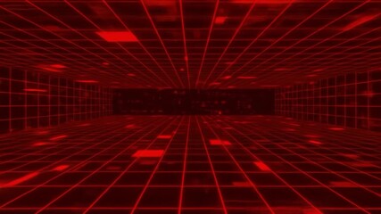 A 3D red grid tunnel with glowing squares vanishing into darkness