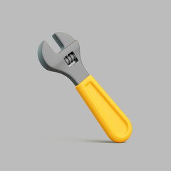 3D adjustable wrench with yellow handle isolated on gray background