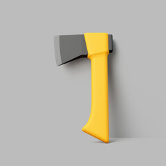 3D Yellow Axe with Black Metal Blade Standing on Gray Background