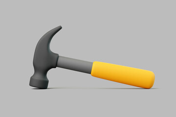 3D render of hammer with yellow handle lying on grey background