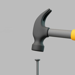 Hammer and Nail Isolated on Gray Background
