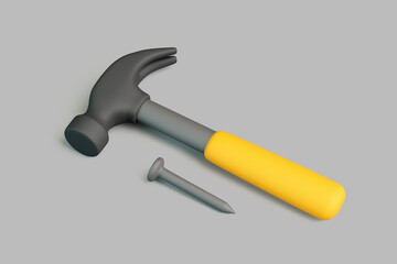 3D hammer with yellow handle and nail on gray background
