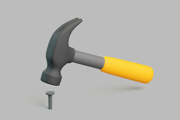 3D hammer with yellow handle and nail isolated on gray background