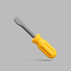 Flathead Screwdriver with Yellow Plastic Handle Isolated on Gray Background