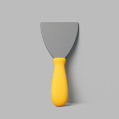 3D render of metal putty knife with yellow handle on grey background
