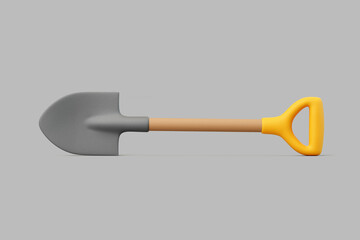 3D shovel with yellow handle lying flat on gray background