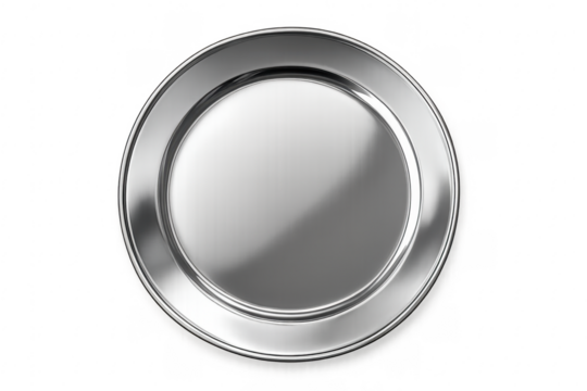 Empty round polished silver platter with transparent background
