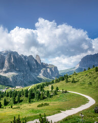Dolomites Mountain Landscape and Trail at Gardena Pass, South Tyrol, Italy