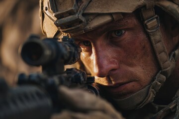 Fototapeta premium A soldier focuses keenly through a rifle scope during a military operation in challenging landscape conditions. The scene captures the tension and determination in a combat environment