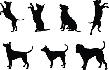 Dog silhouettes collection, standing, sitting, playful, alert, domestic pets, black outline, animal poses, vector design, isolated illustration, graphic art