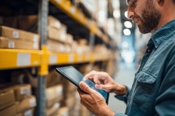 A warehouse worker uses a tablet to manage inventory while standing next to shelves filled with cardboard boxes. The environment is well-lit and organized, indicating a productive workspace