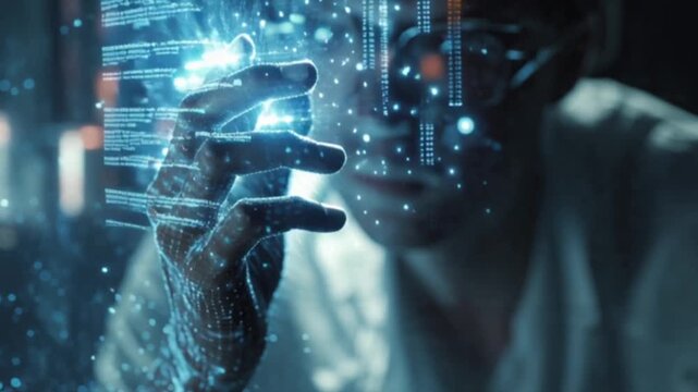 A cinematic vision of futuristic holographic technology glows with cyberpunk energy, featuring interactive 3D graphics and advanced interfaces reminiscent of Minority Report&rsquo;s immersive digital future