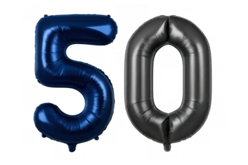 Blue and black number 50 balloons celebrating milestone birthday, anniversary, or special event, transparent background