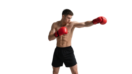 A shirtless man in black shorts wearing red boxing gloves is captured in a punching motion, showcasing athleticism and strength.