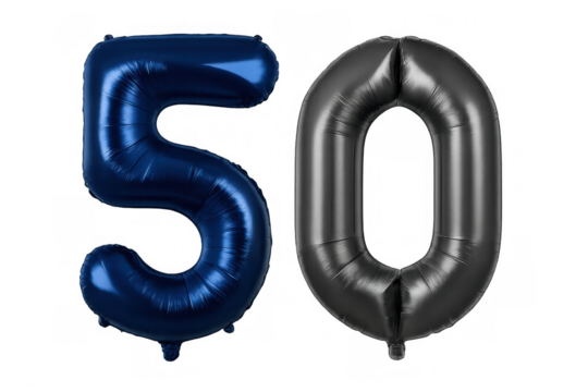 Blue and black number 50 balloons celebrating milestone birthday, anniversary, or special event, transparent background