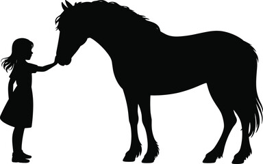 Silhouette girl touching horse, child with animal bond, friendship, trust, love, countryside, farm life, nature, rural lifestyle, connection