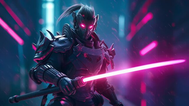 Standing samurai warrior with neon illuminated katana sword