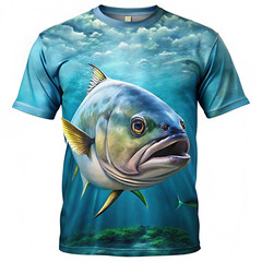 Front of a T-shirt featuring a giant trevally fish design,