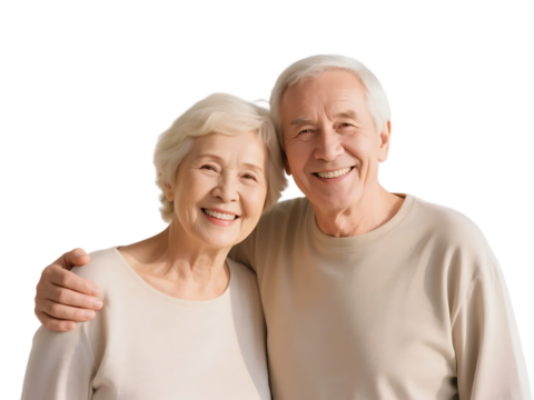 An elderly couple smiling happily, showing a warm and intimate relationship, full of positive energy.