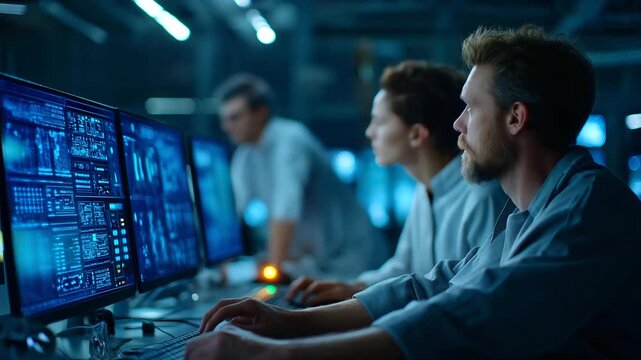 A SCADA control station glowing with blue holographic panels real time industrial data streaming in luminous lines operators adjusting automation parameters atmosphere of