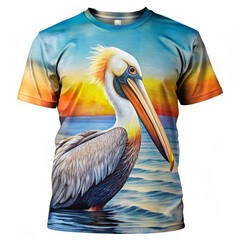Front of a T-shirt featuring a pelican design, blending