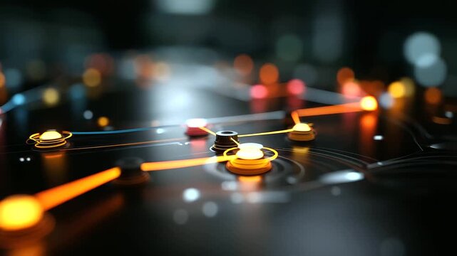 A futuristic business automation panel glowing with interconnected workflow paths colorful control points activating in sequence atmosphere of smooth coordination optimization