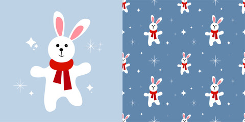 Obraz premium Seamless pattern with white hares on a blue background.