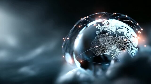 A vast holographic globe glowing with interconnected networks data streams moving seamlessly across continents cloud icons radiating with synchronization pulses atmosphere of