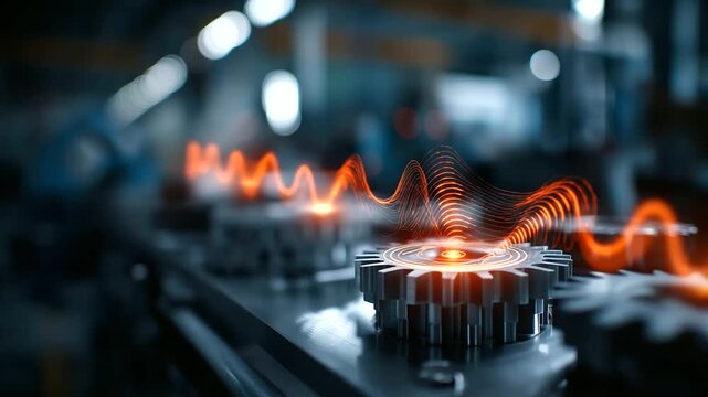 A futuristic smart industry interface filled with glowing gears wireless signals pulsing outward across holographic panels machines syncing seamlessly in the background