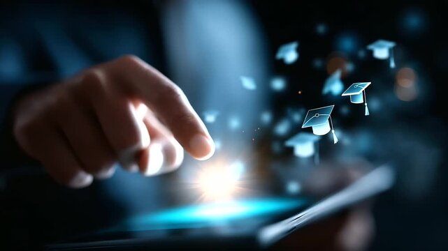 A futuristic businessman pressing a button to activate e learning tools digital books and graduation caps glowing across the screen atmosphere of growth knowledge and modern