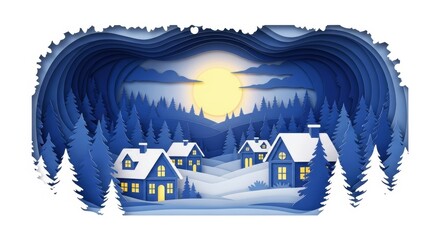 Cozy winter village nestled in snowy hills under a glowing moonlit sky, inviting warmth and holiday cheer