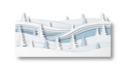 Serene winter landscape unfolds with layered paper art, showcasing snow-dusted pine trees and gentle rolling hills in a tranquil, monochromatic scene.